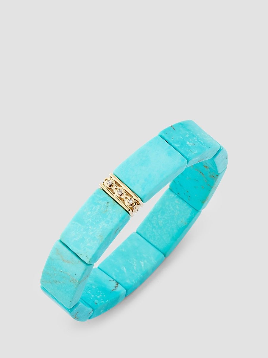 Women's 14K Yellow Gold, Turquoise & 0.03 TCW Diamond Beaded Stretch Bracelet - Blue