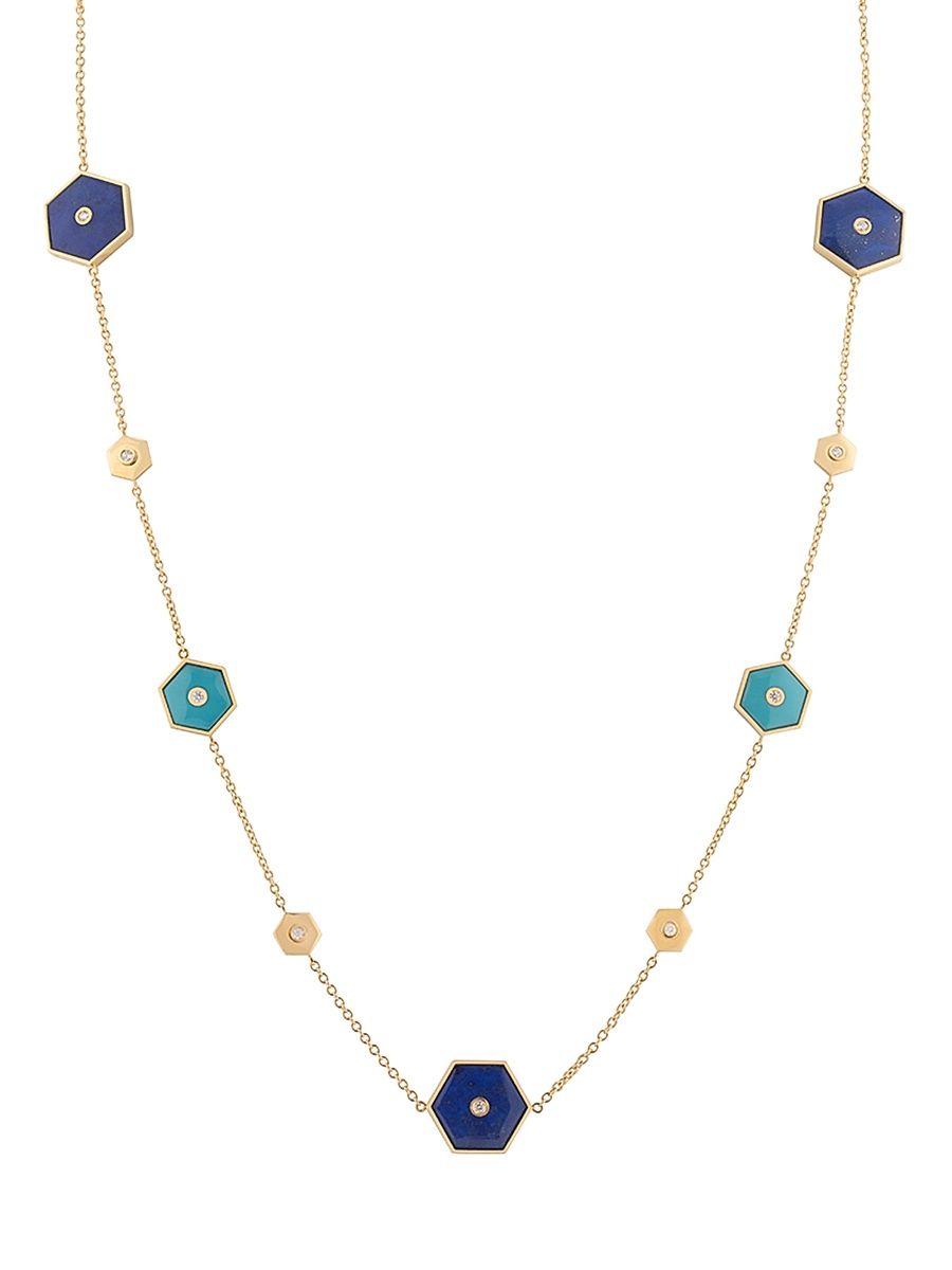 Women's Baia 18K Yellow Gold, Turquoise, Lapis Lazuli & 1.08 TCW Diamond Station Necklace - Yellow Gold
