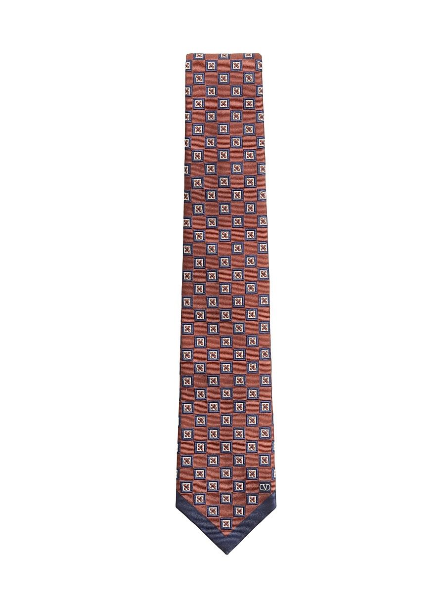 Men's Silk Jacquard Tie with Geometric Pattern - Orange Blue Ivory