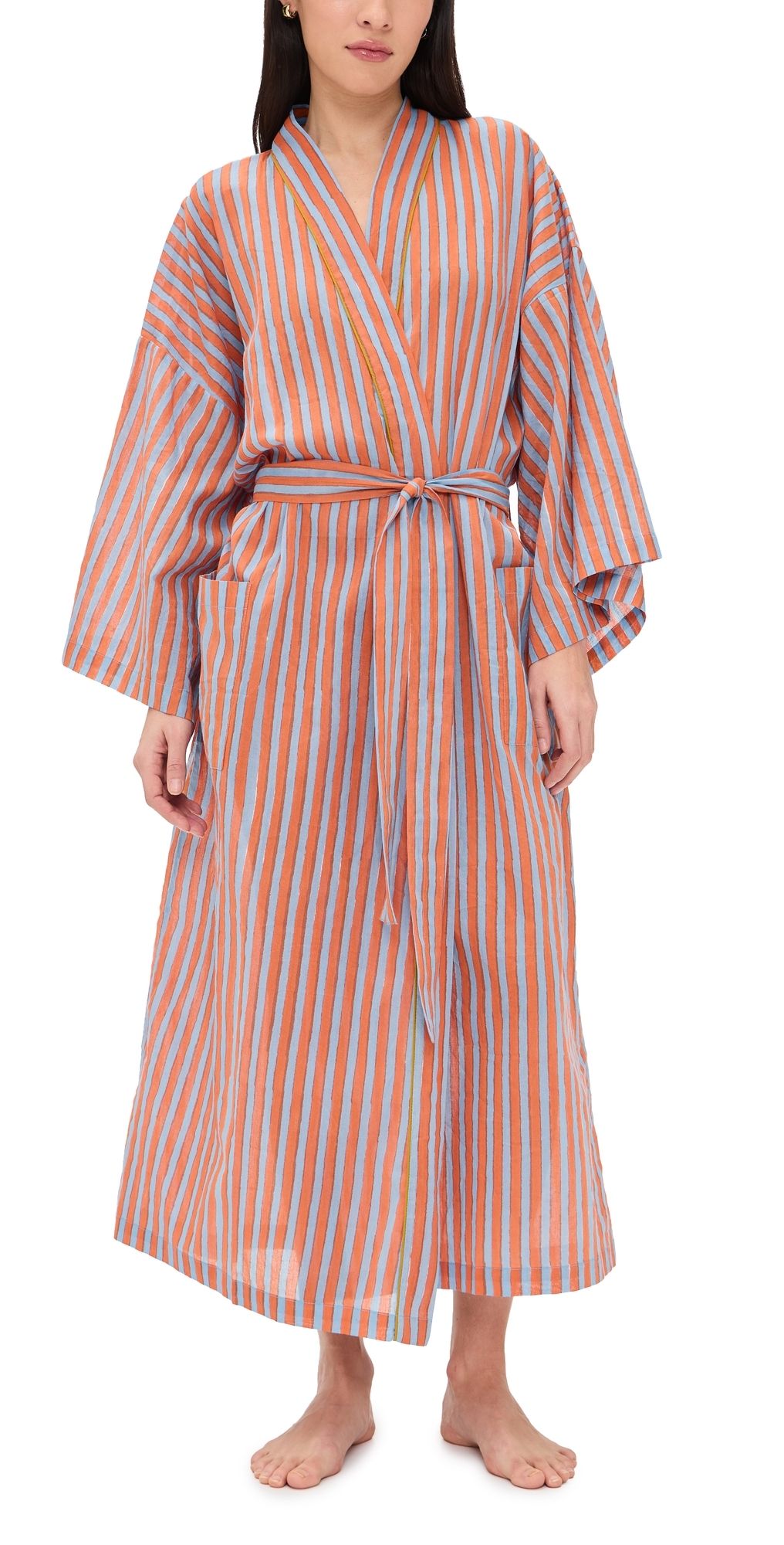 Folkloore Striped Robe Blue & Orange Stripes w/ Green One Size