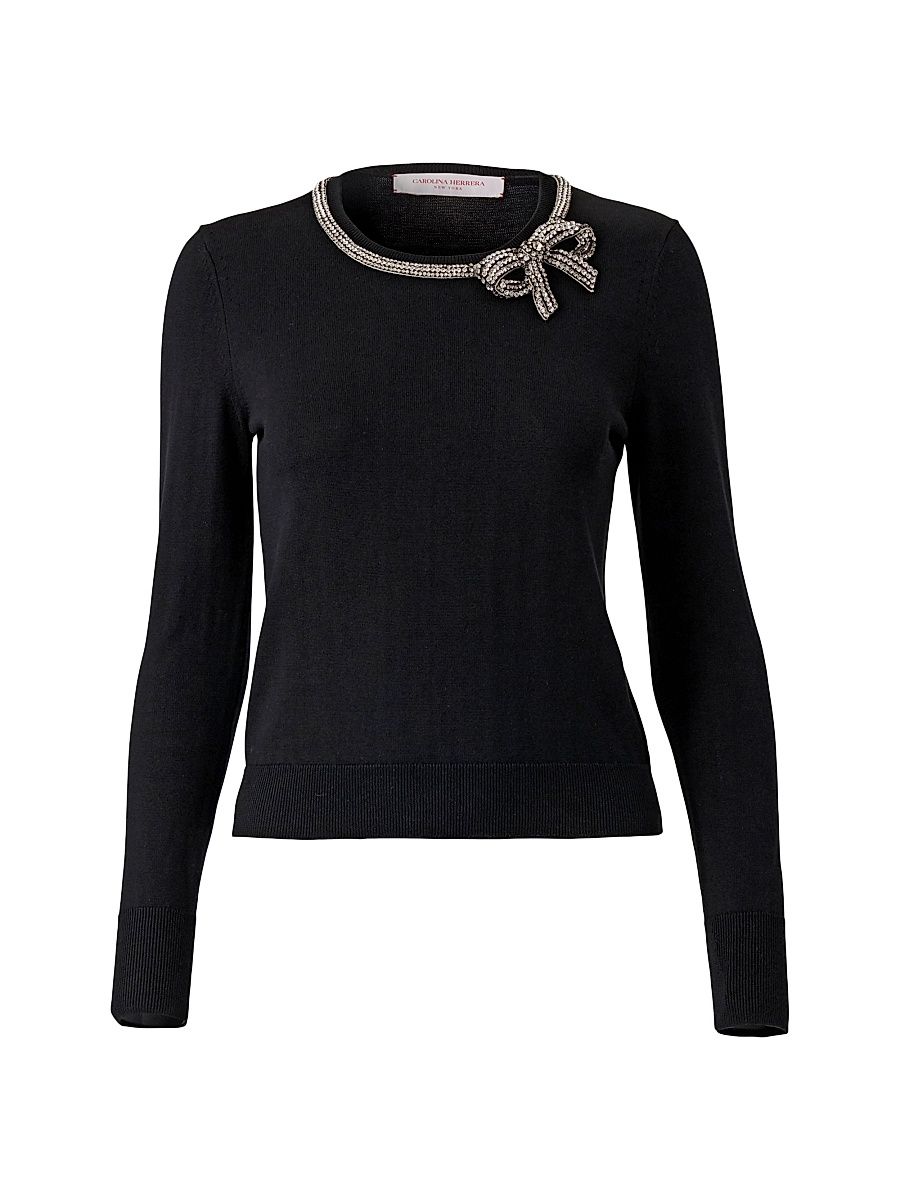 Women's Crystal Bow-Embellished Silk-Cotton Knit Sweater - Black - Size Medium