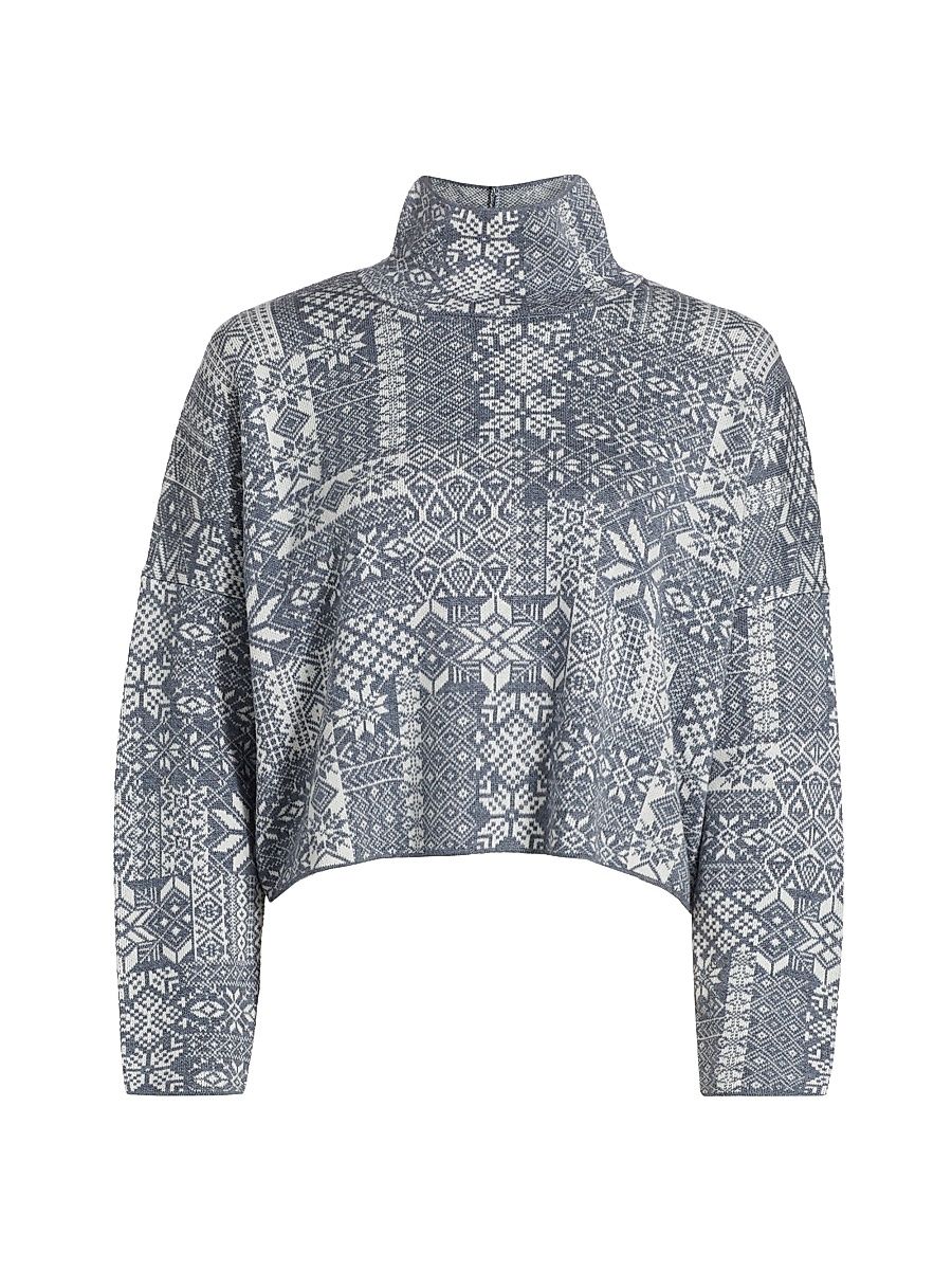 Women's Patchwork Jacquard Knit Top - Navy Ivory - Size Small