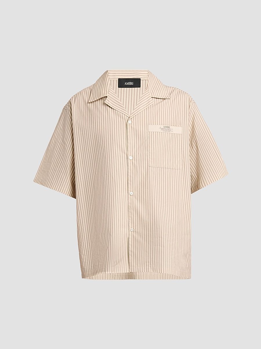 Men's Spirit Logo Striped Cotton Poplin-Blend Camp Shirt - Alabaster - Size XL