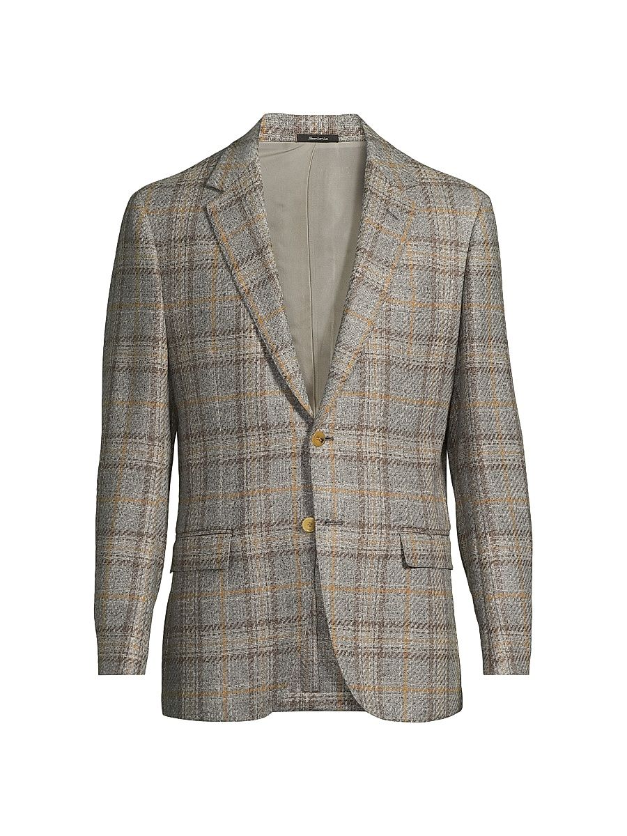 Men's Plaid Virgin Wool Blend Jacket - Grey Brown - Size 48