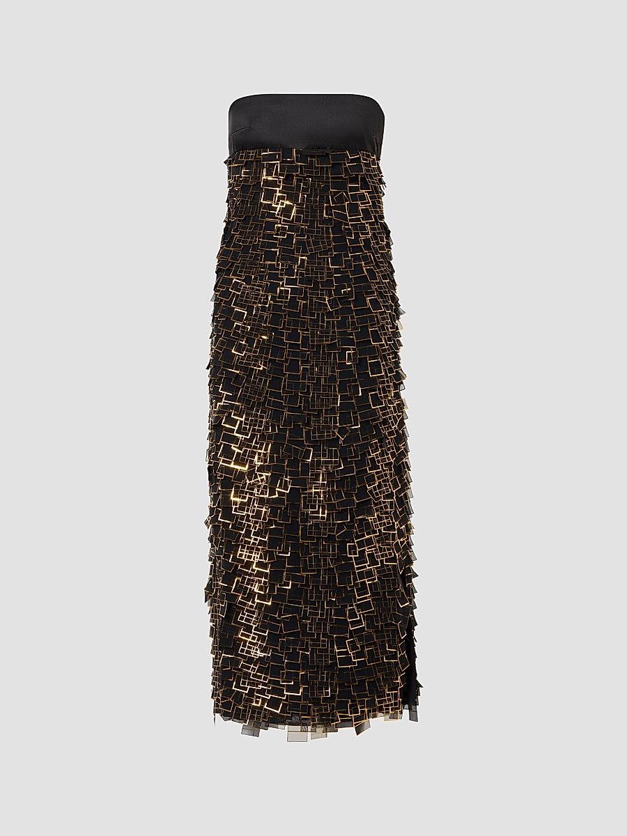 Women's Metallic Organza Tile Strapless Midi Dress - Black Gold - Size 10