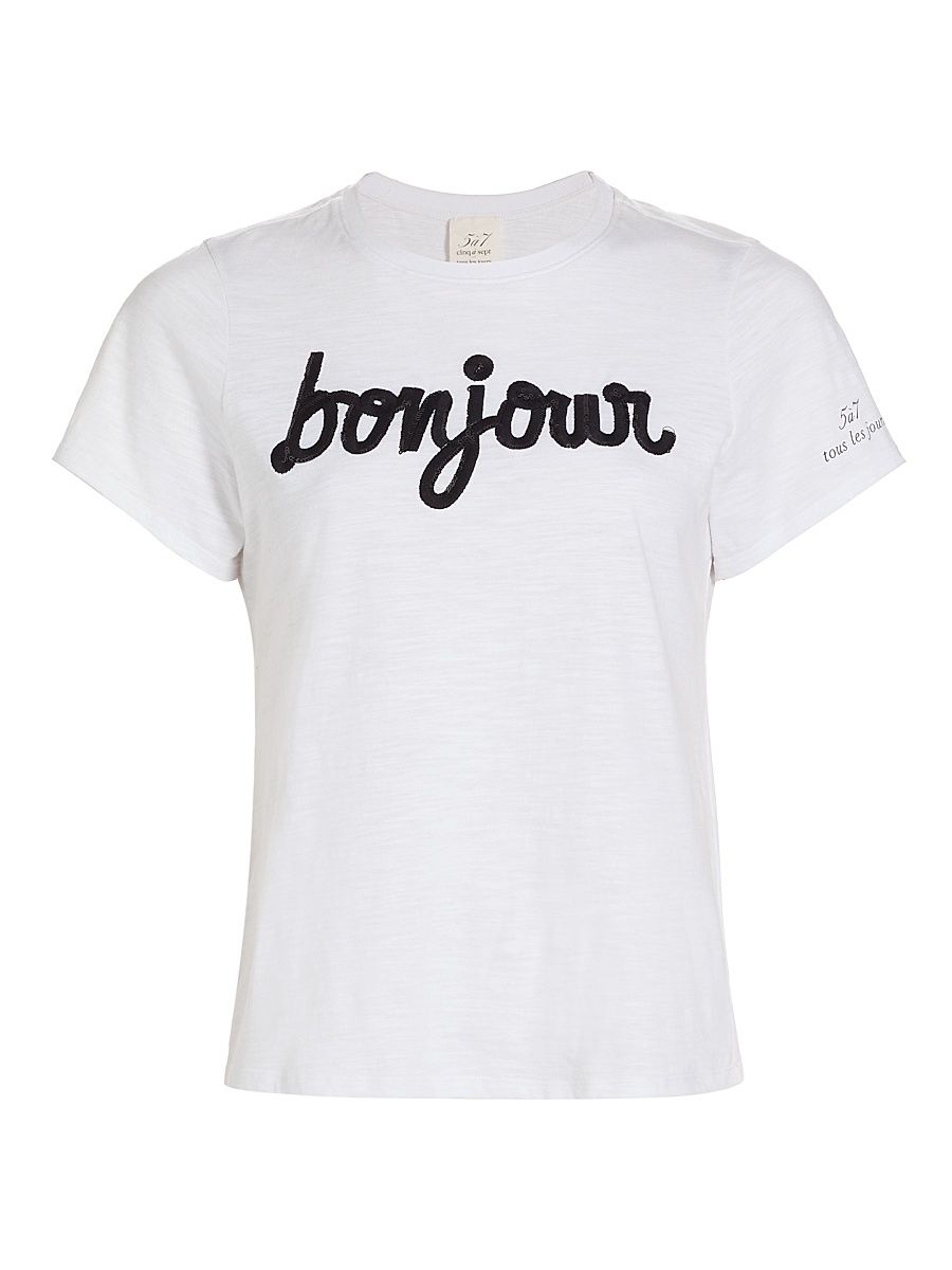 Women's Bonjour Sequined Slub Cotton T-Shirt - White Black - Size XL