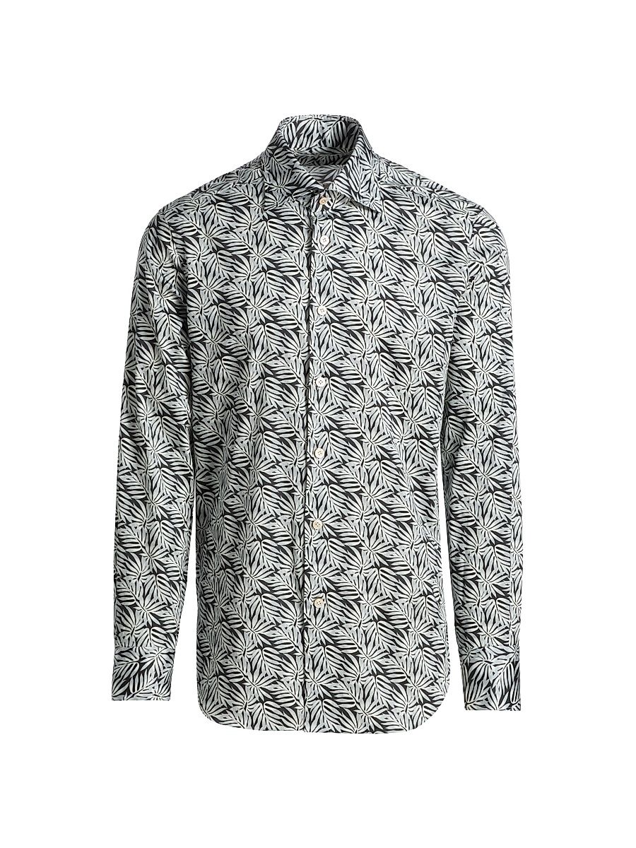 Men's Leaf Print Stretch-Cotton Shirt - Black - Size 17.5