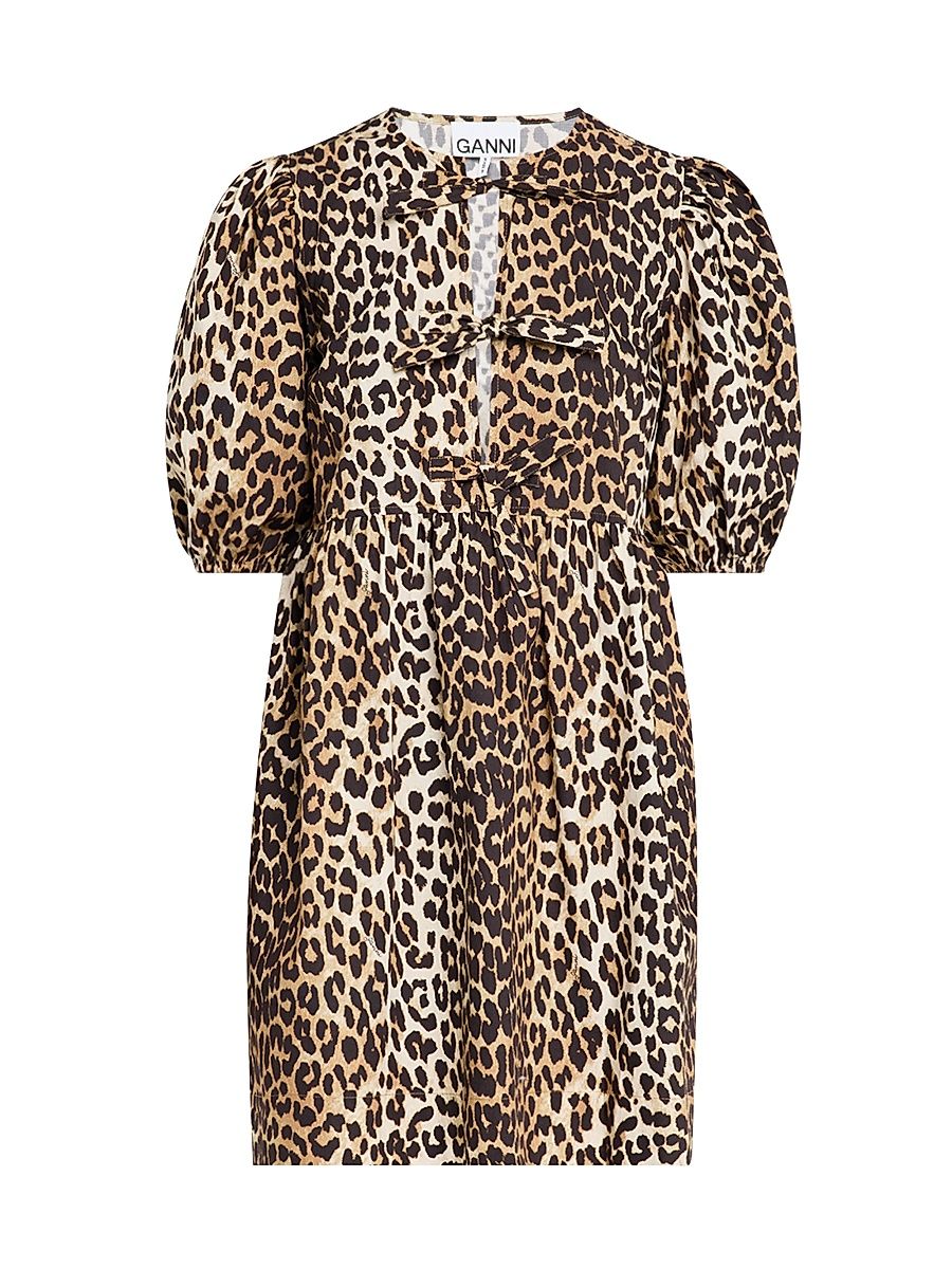 Women's Leopard Tie-Front Puff-Sleeve Minidress - Brown Pattern - Size 10