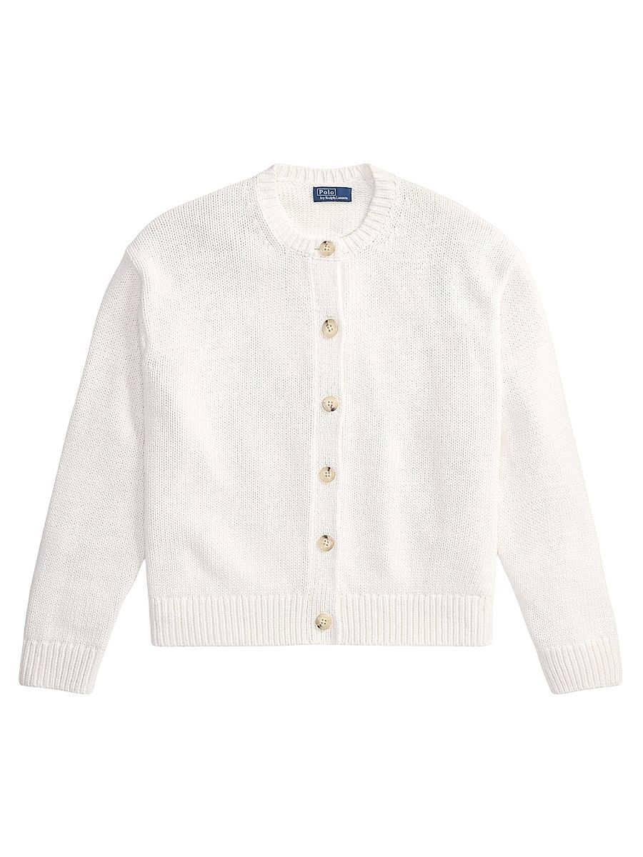 Women's Linen-Blend Crewneck Cardigan - White - Size XS