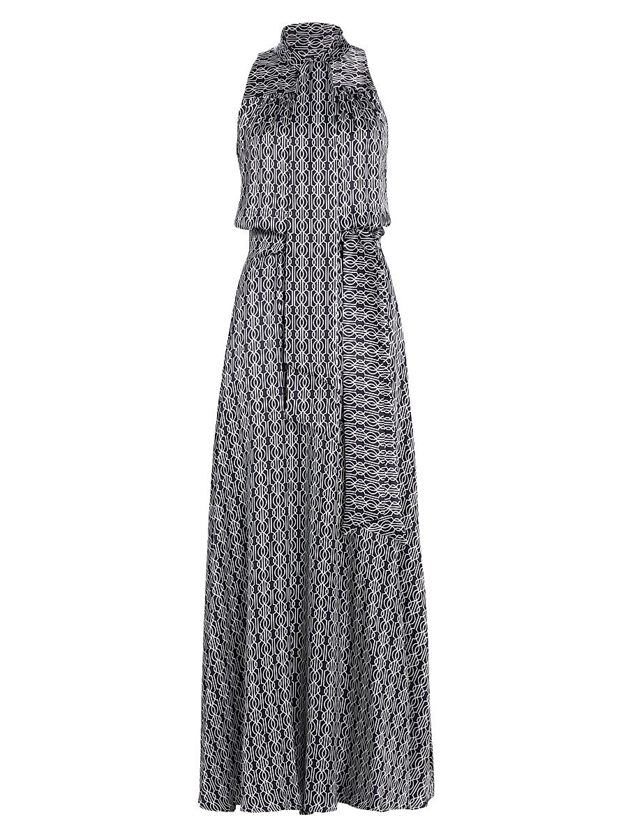 Women's Graphic Print Silk Sleeveless Maxi Dress - Blue White - Size 10