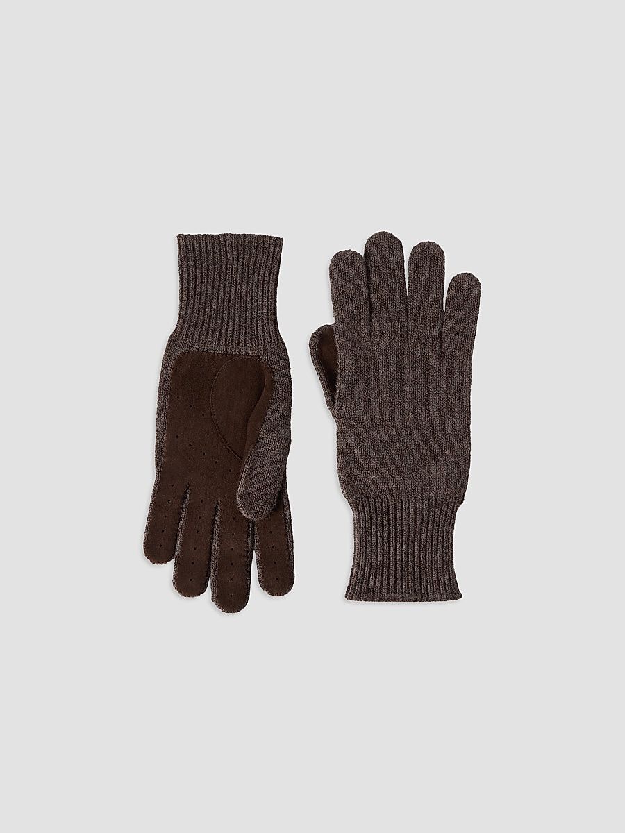 Men's Cashmere Knit Gloves with Suede Palm - Brown - Size XXL