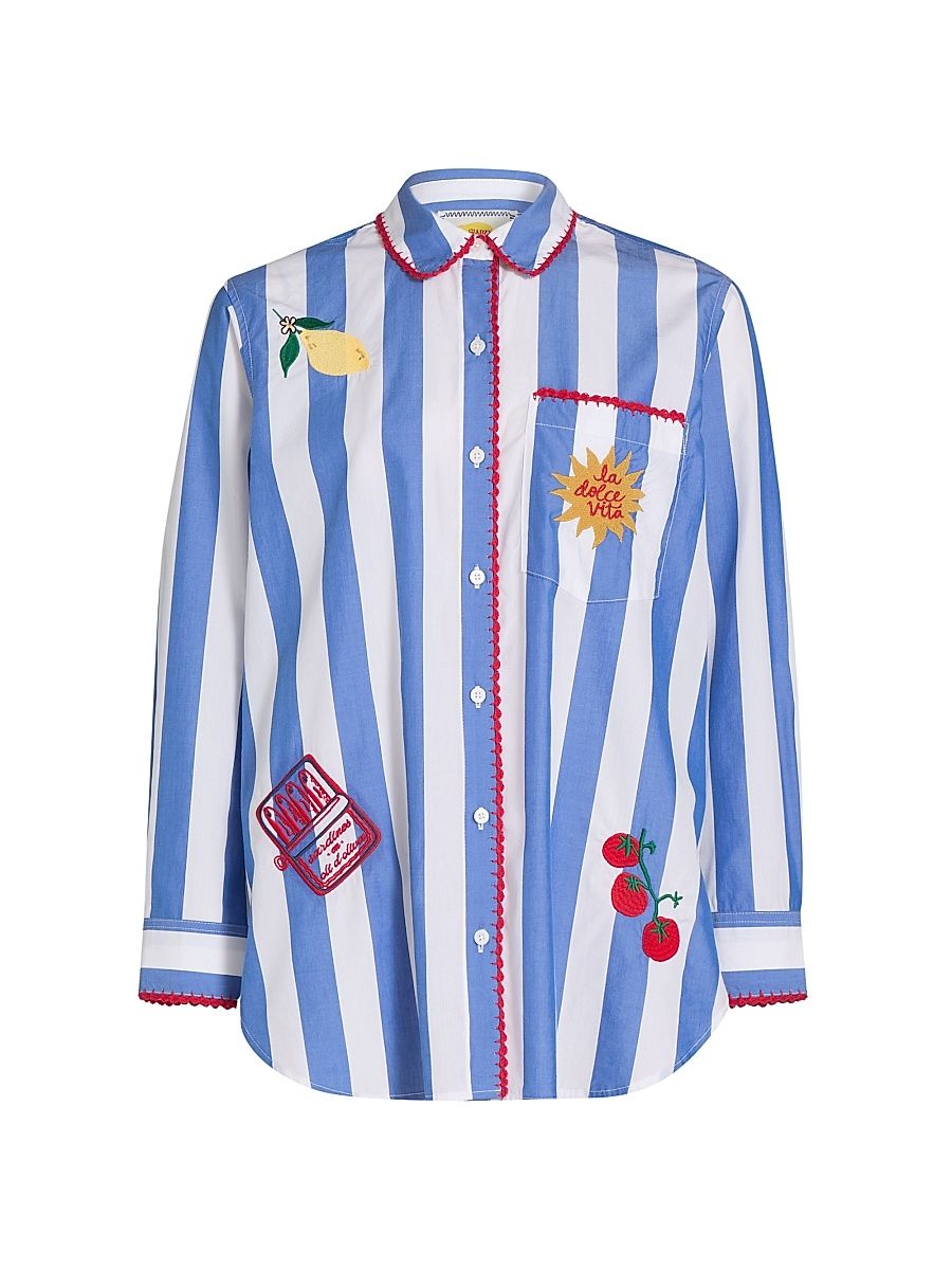 Women's Elsa Striped Stretch-Cotton Shirt - Dolce Vita Embroidery - Size XS