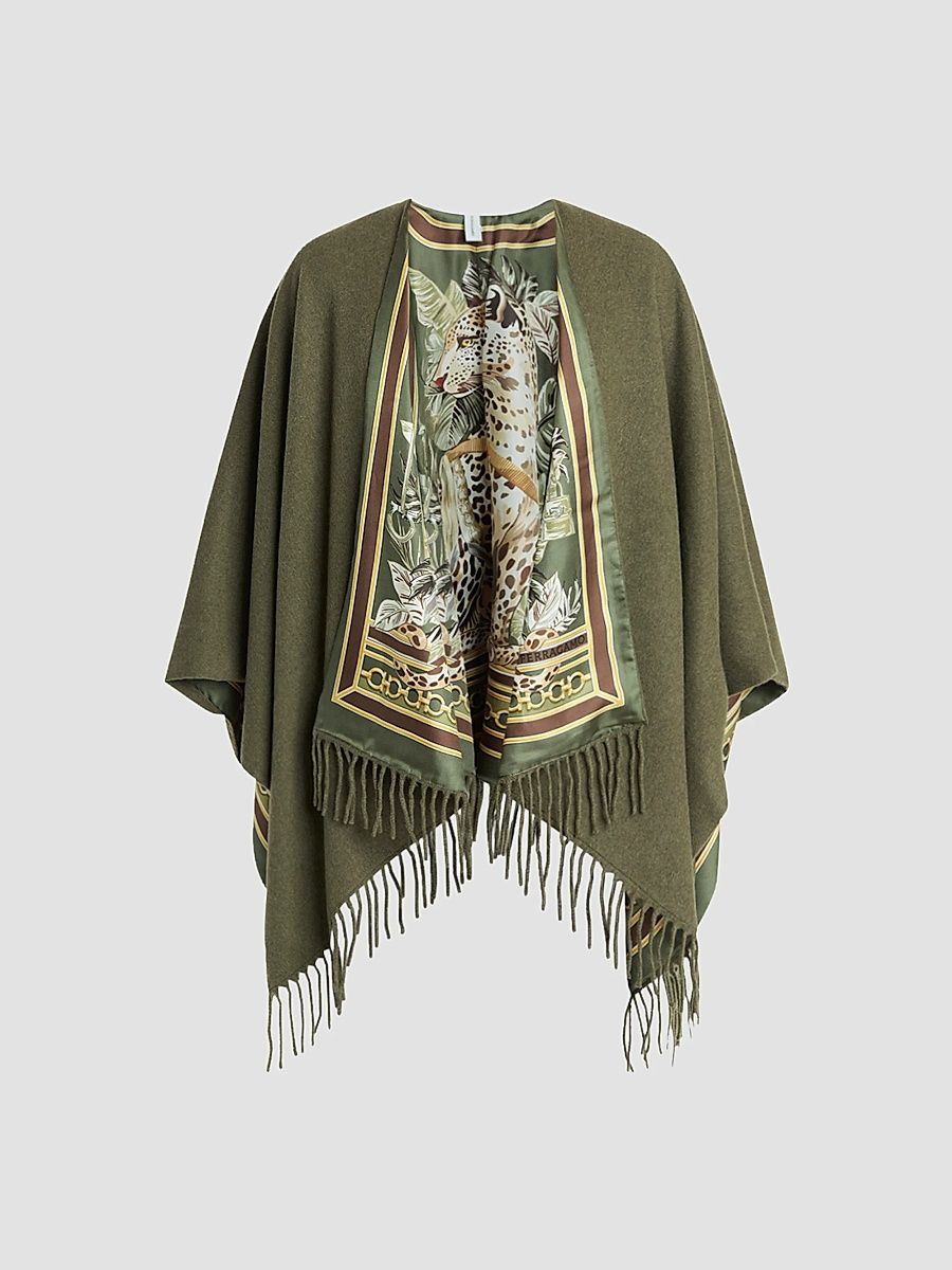 Women's Leopard Print Cashmere-Wool Reversible Cape - Olive