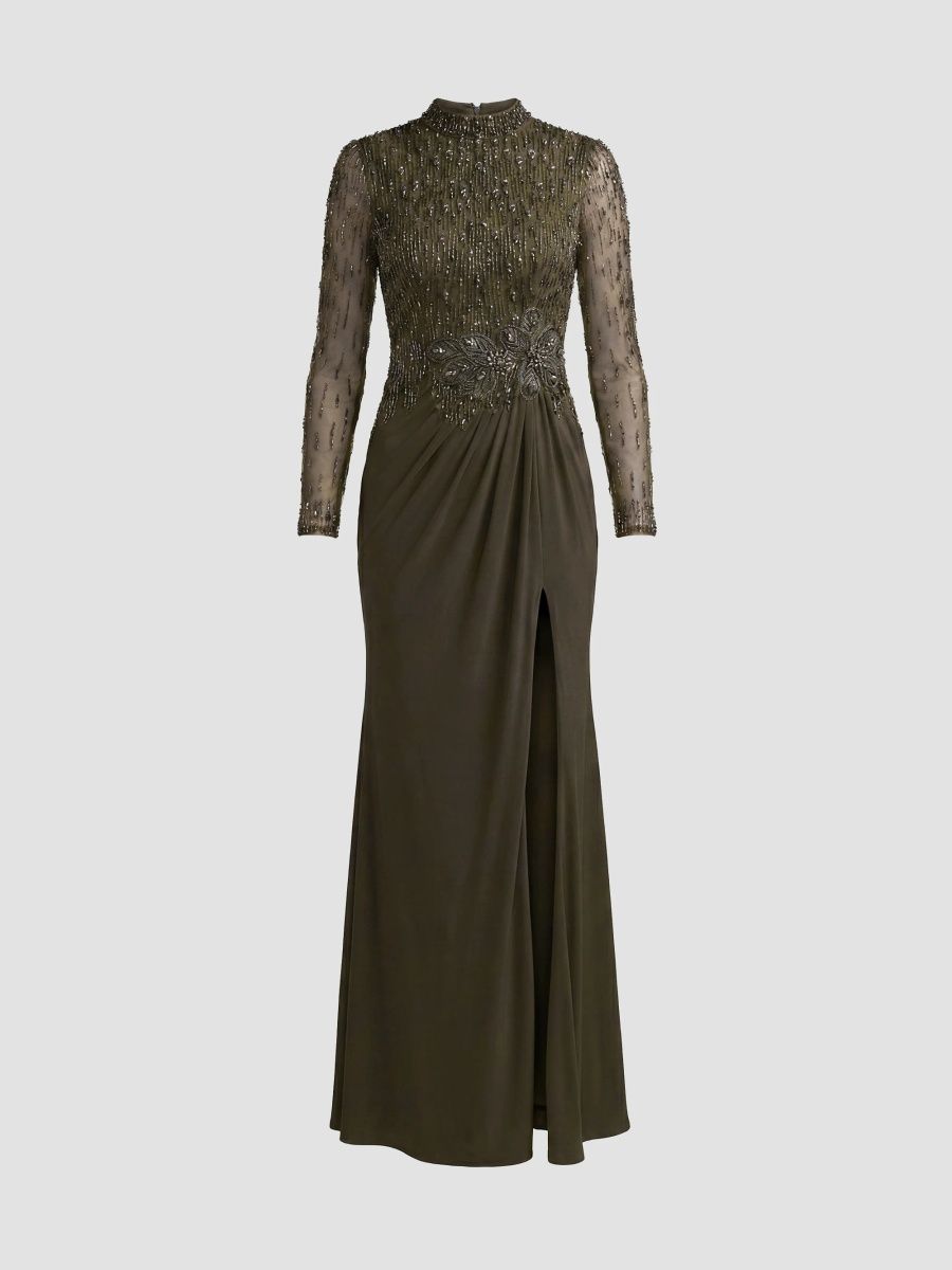 Mac Duggal Women's Embellished Jersey Column Gown - Olive - Size 16