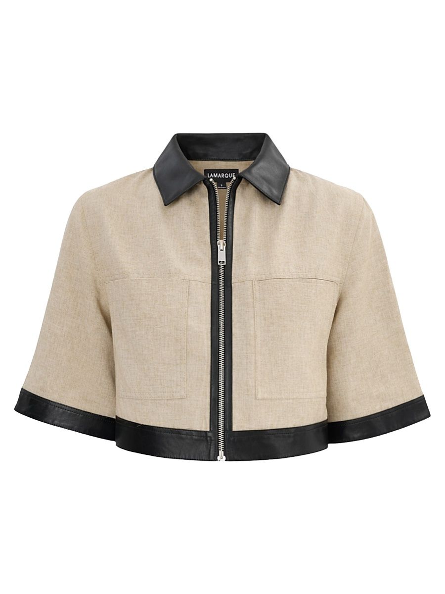 Lamarque Women's Caprice Linen-Blend Zip-Front Crop Jacket - Black Beige - Size XL