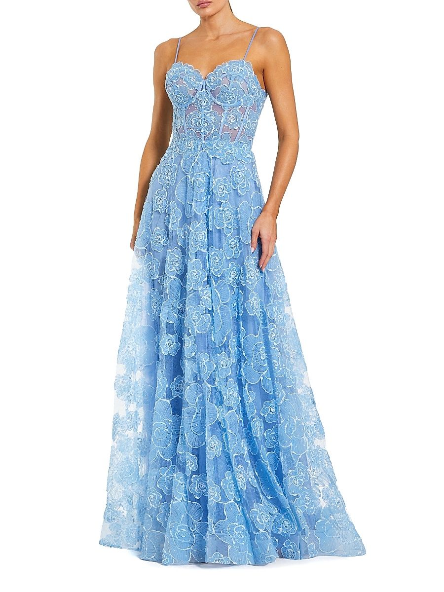 Women's Floral Mesh Sweetheart A-Line Gown - Powder Blue - Size 0