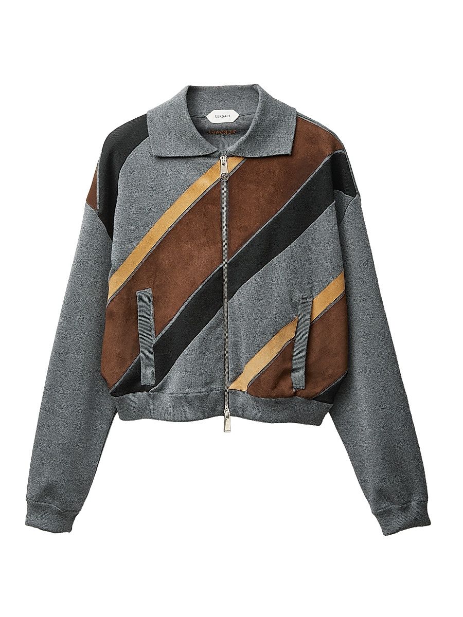 Women's Intarsia-Wool & Leather Patchwork Zip Sweatshirt - Medium Grey - Size 8