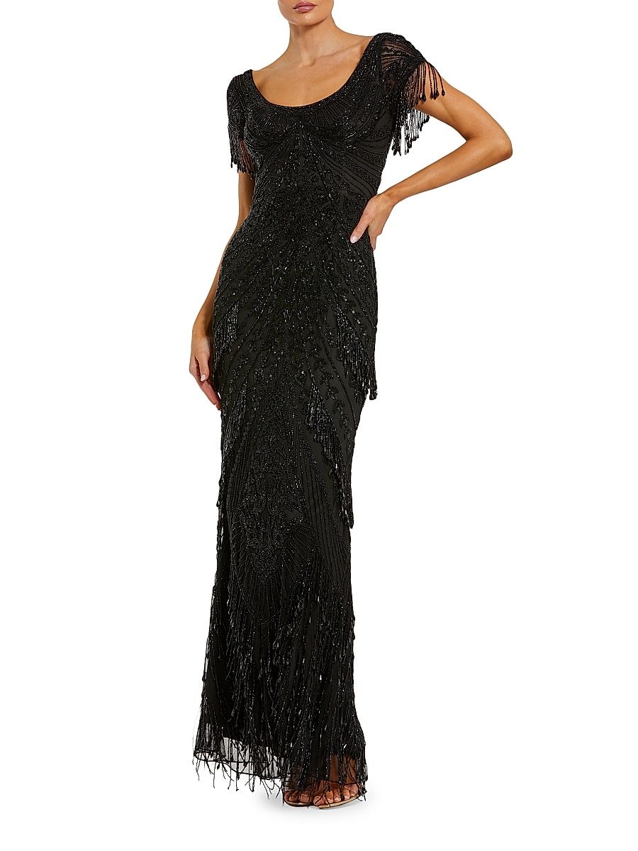 Women's Evening Beaded Fringe Short-Sleeve Gown - Black - Size 14