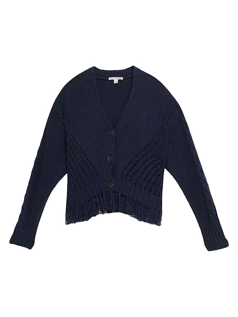 Women's Cotton Fringed V-Neck Cardigan - Navy - Size XL