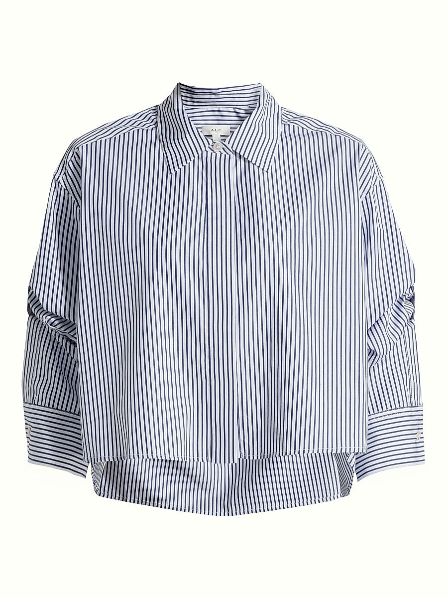 Women's Maude Striped Cotton Poplin High-Low Shirt - White Navy - Size XL