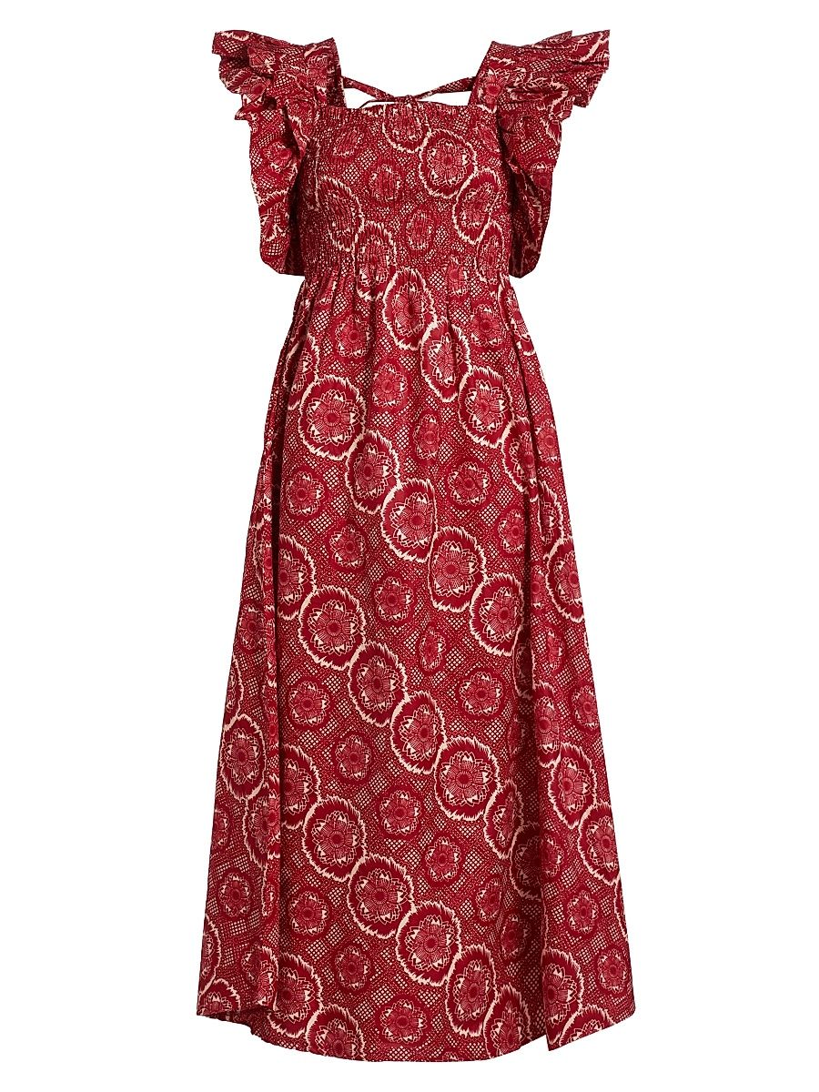 Women's Sola Abstract Smocked Cotton Midi-Dress - Red - Size Large