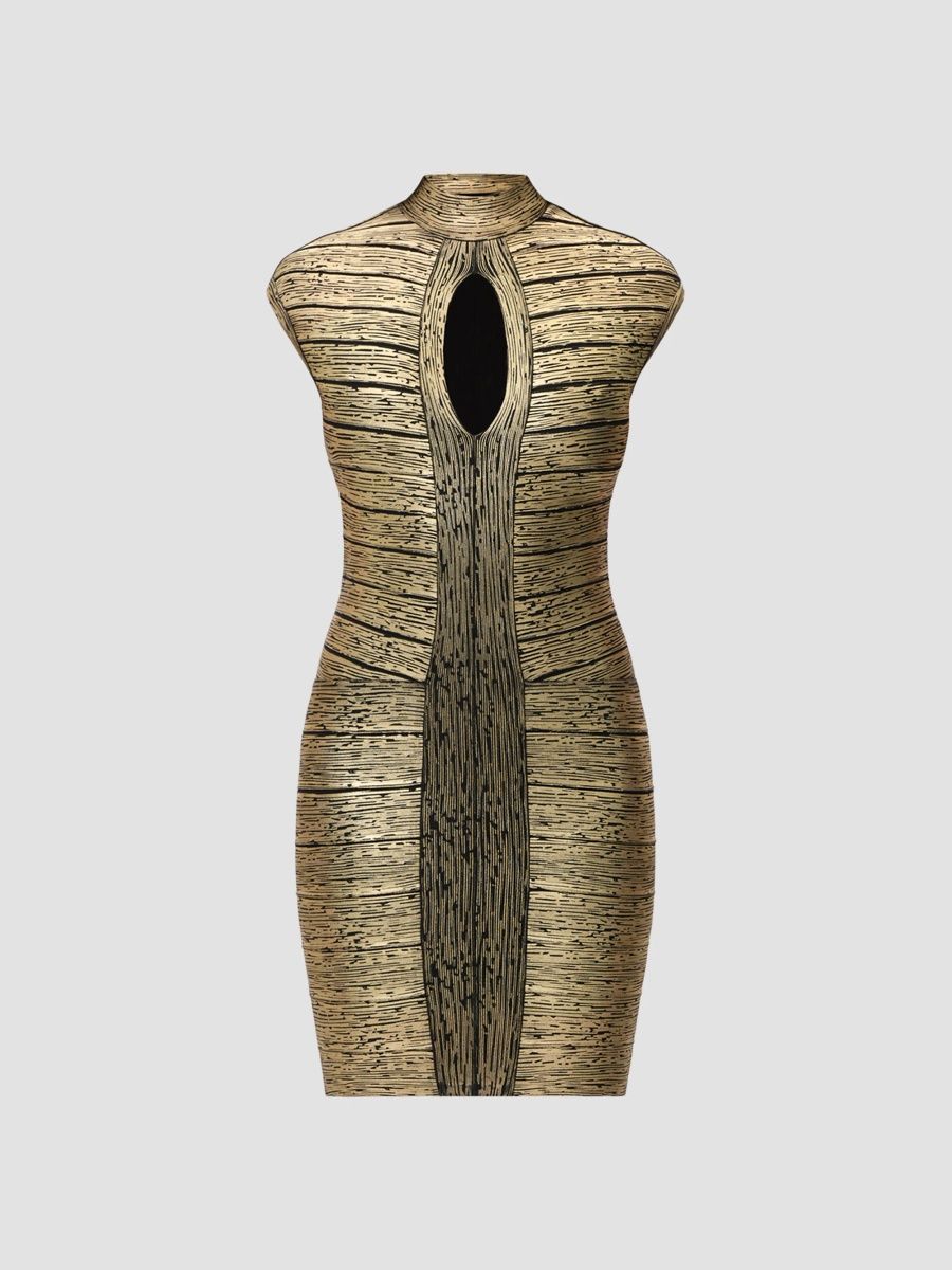 Women's Femme Metallic Keyhole Bandage Mini Dress - Black Gold - Size Large