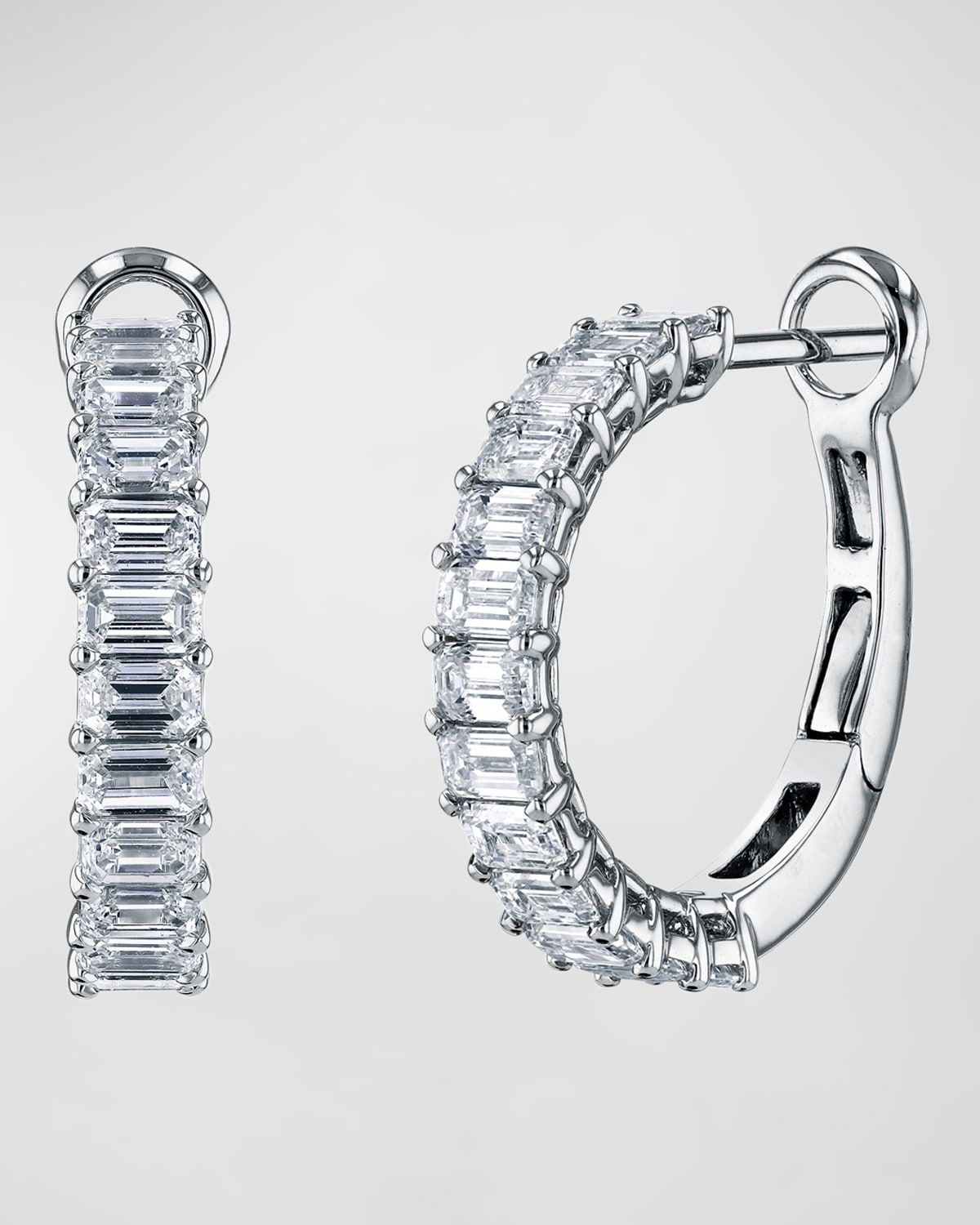 18K Gold Emerald-Cut Diamond Halfway Huggie Hoop Earrings, 7tcw/0.75"L