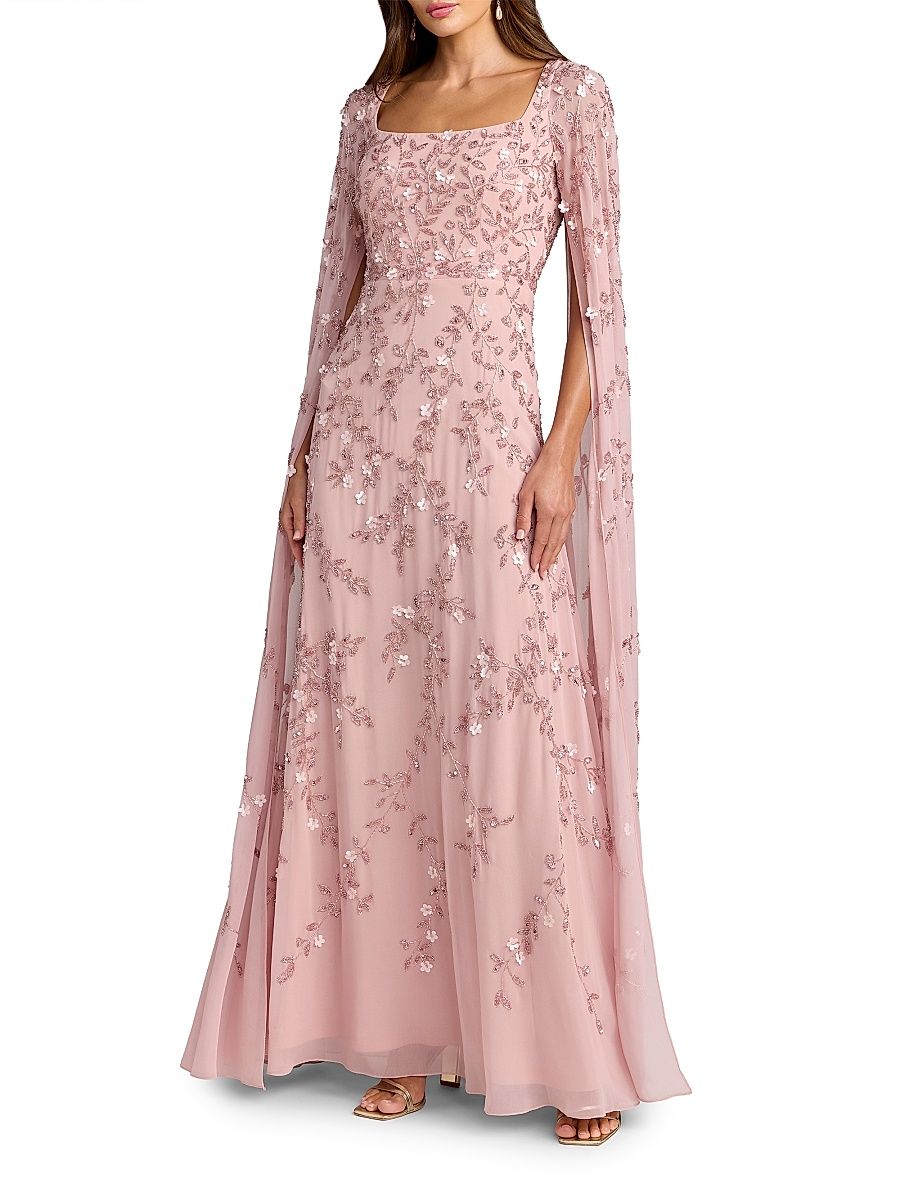 Women's Embellished Georgette Cape-Sleeve Gown - Rose - Size 16