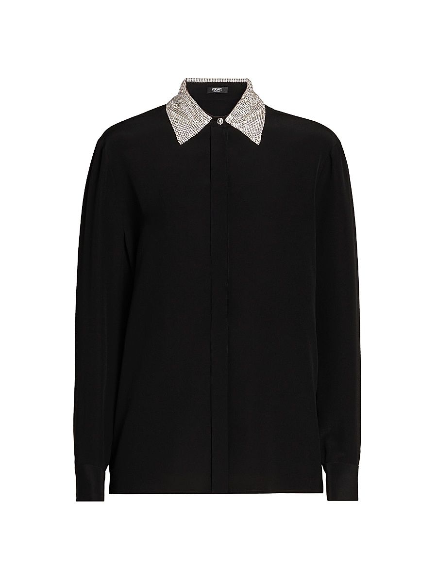 Women's Crystal-Embellished Silk Shirt - Black - Size 6