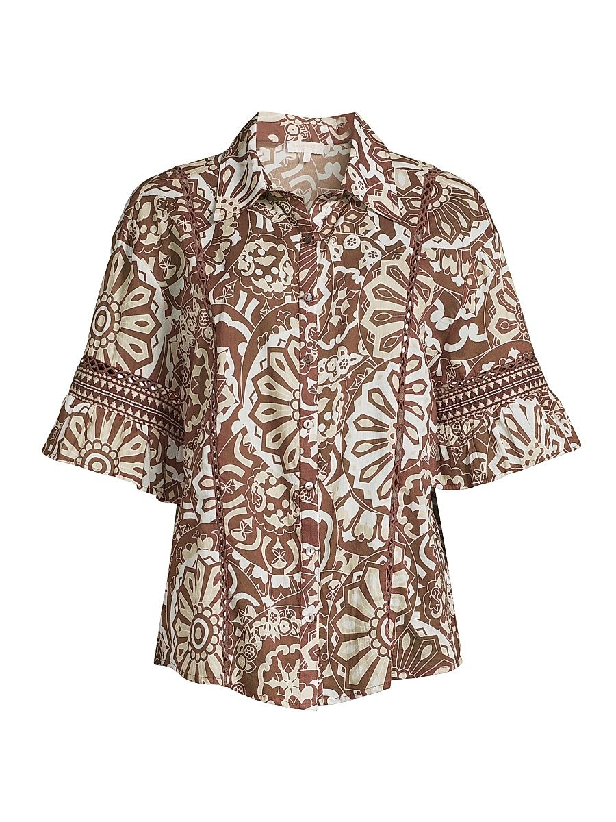 Women's Violette Printed Cotton Cover-Up Shirt - Beach Brown Combo - Size Large