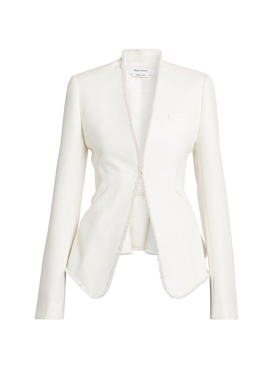Women's Frayed Trim Single-Breasted Wool Jacket - Ivory - Size 6