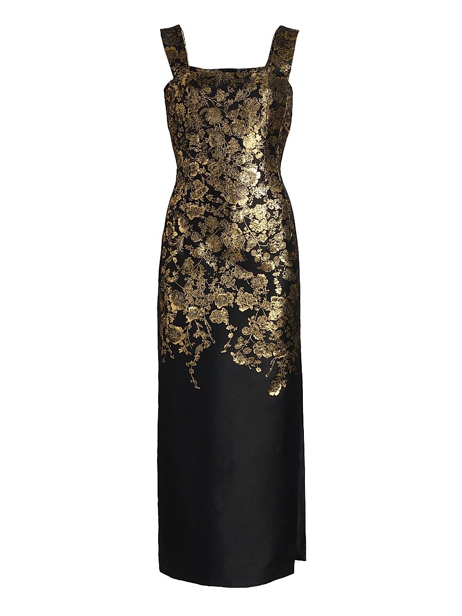 Women's Floral Brocade Shealth Dress - Black Gold - Size 10