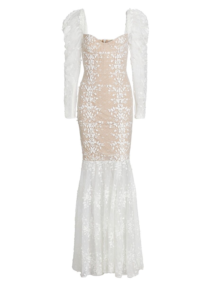 Women's Megan Appliquéd Lace Long-Sleeve Bridal Gown - White - Size Small