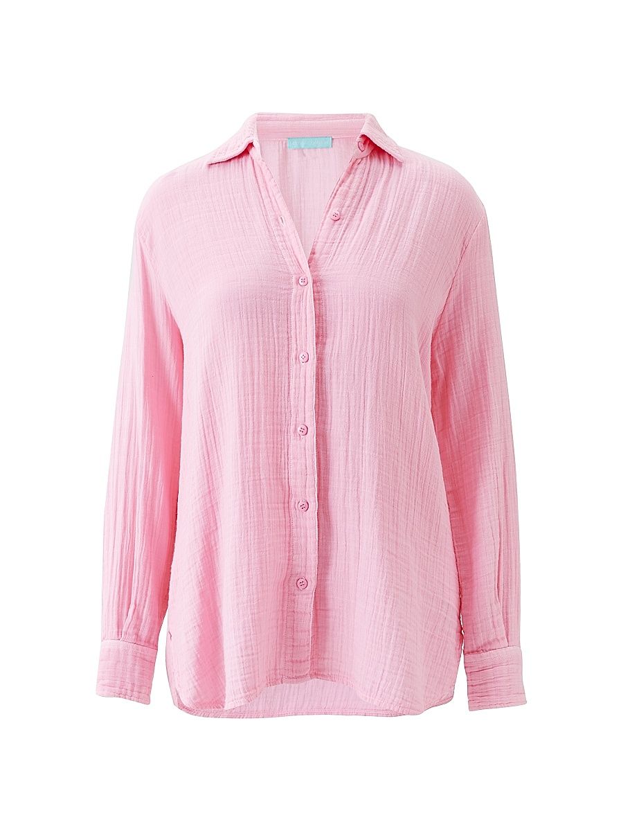 Women's Leona Crinkled Cotton Button-Down Shirt - Rose - Size Large