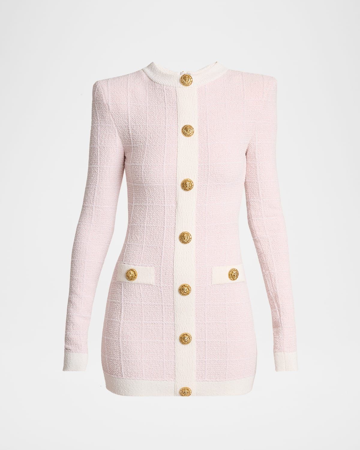 Buttoned Boucle Knit Strong-Shoulder Mini Dress