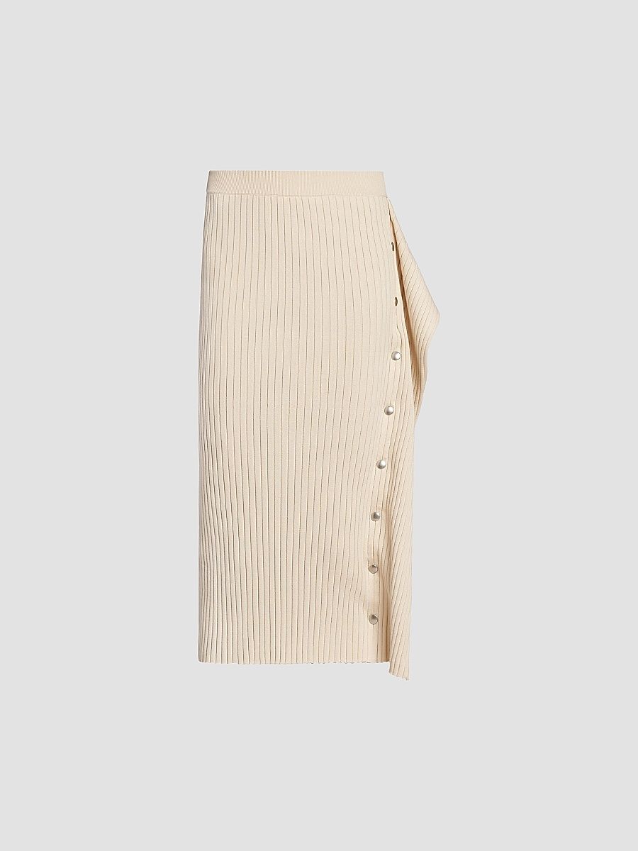 Women's Rib-Knit Cotton Snap Midi Skirt - Ivory - Size Large