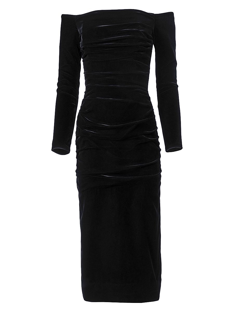 Women's Velvet Off-The-Shoulder Midi-Dress - Black - Size 14