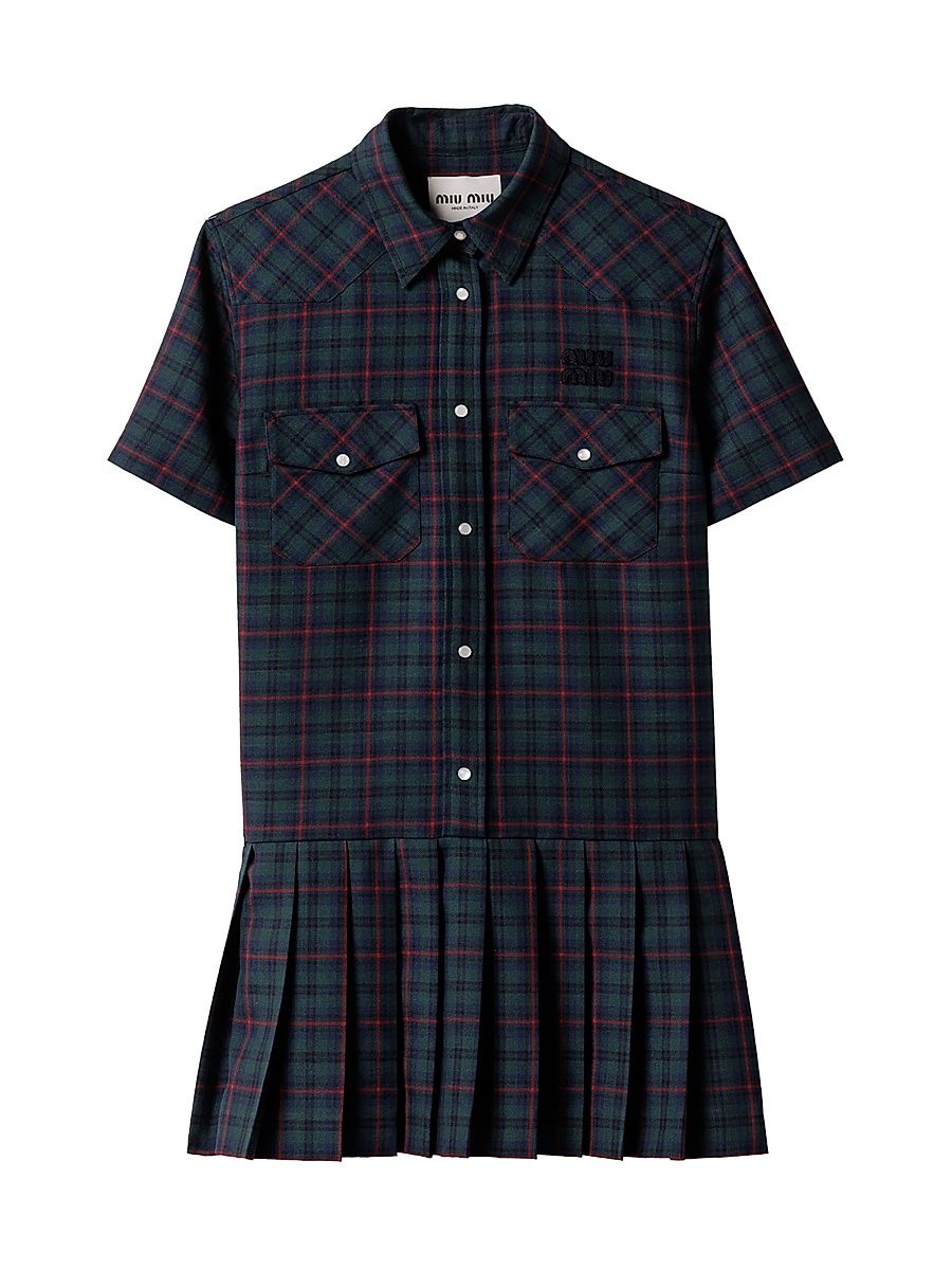 Women's Pleated Plaid Mini-Dress - Blue - Size 8