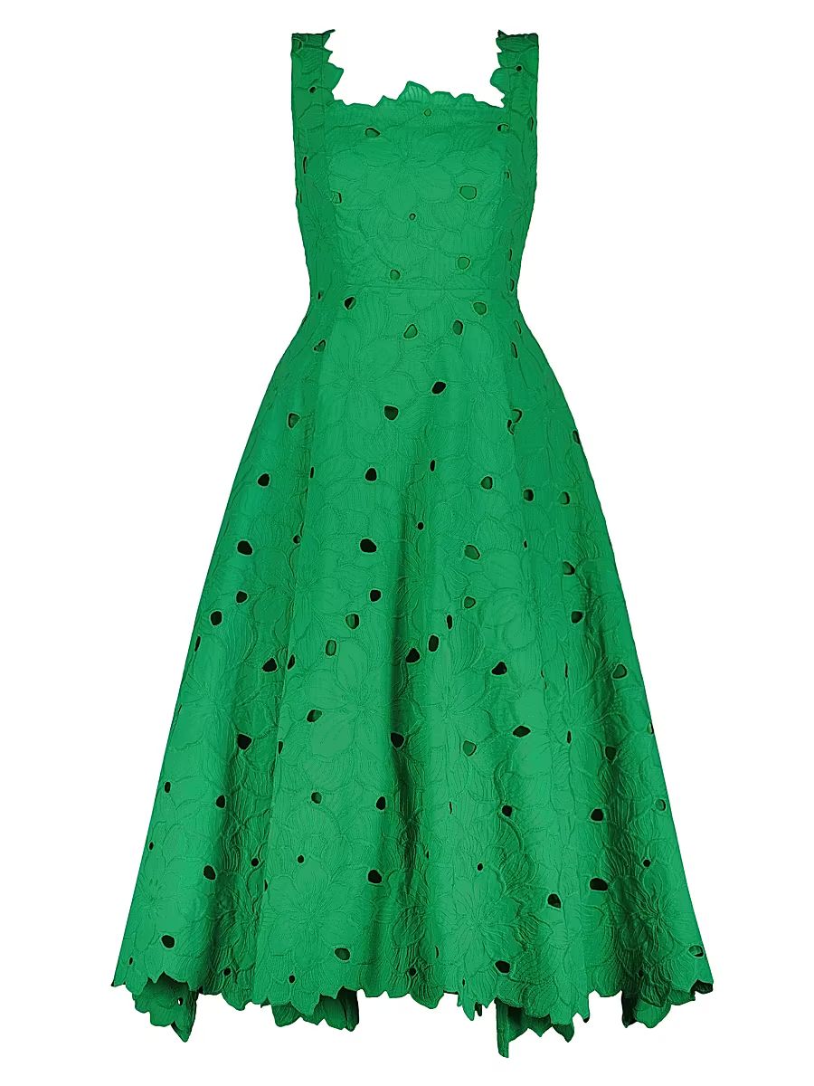Women's Cotton Floral Eyelet Embroidered Midi-Dress - Spring Green - Size 12