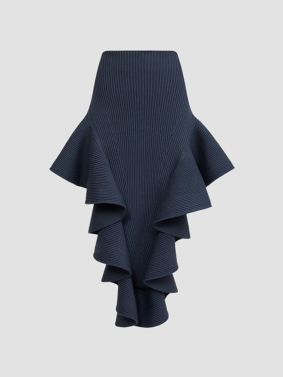 ALAÏA Women's Rib-Knit Ruffle Midi Skirt - Gris Bleu - Size 8