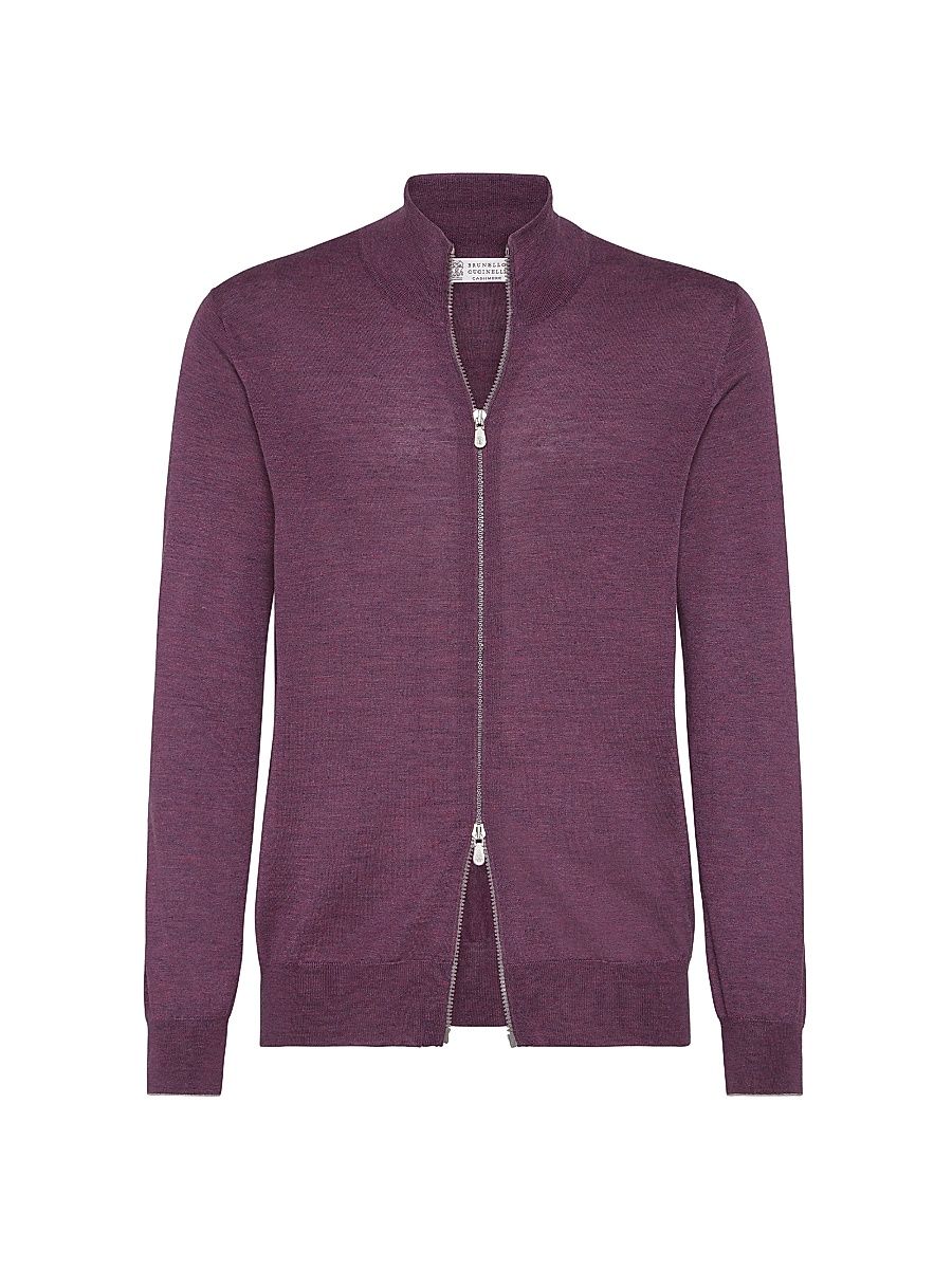 Men's Lightweight Cashmere, Silk and Linen Turtleneck Cardigan - Burgundy - Size 48