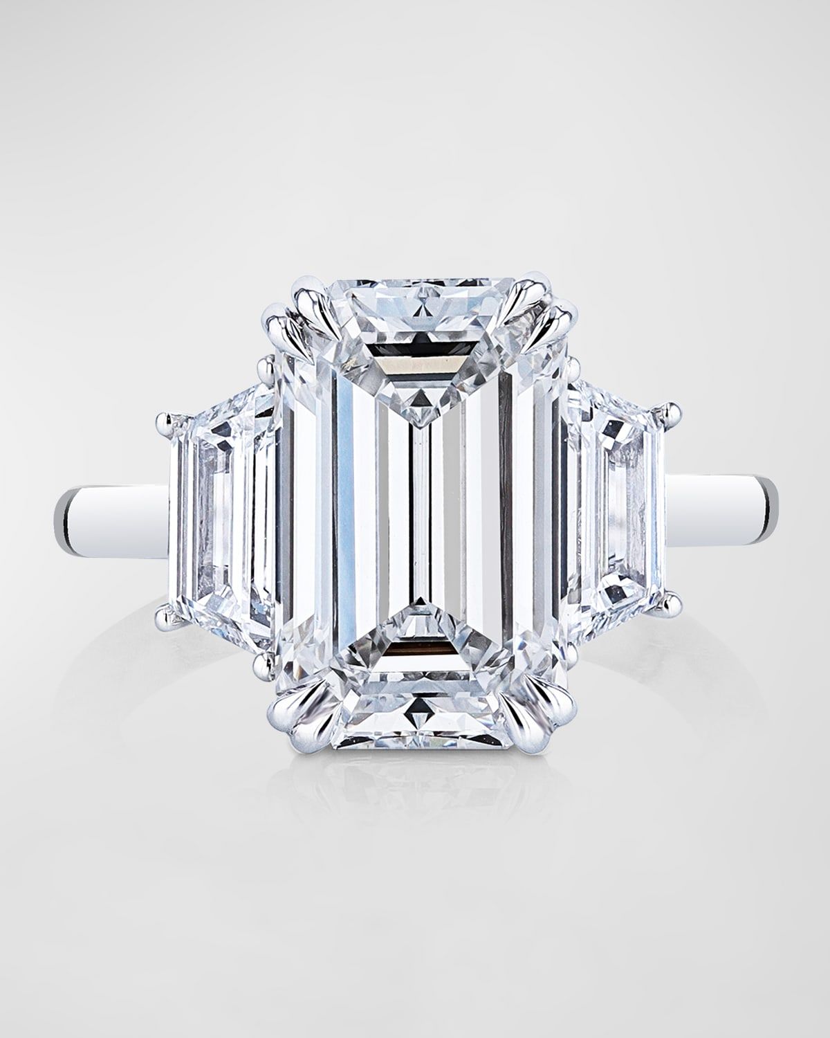 Platinum 3 Stone Ring with White Diamond Emerald Cut Center and White Diamond Trapezoid Cut Sides, Size 6.5, 11.98tcw