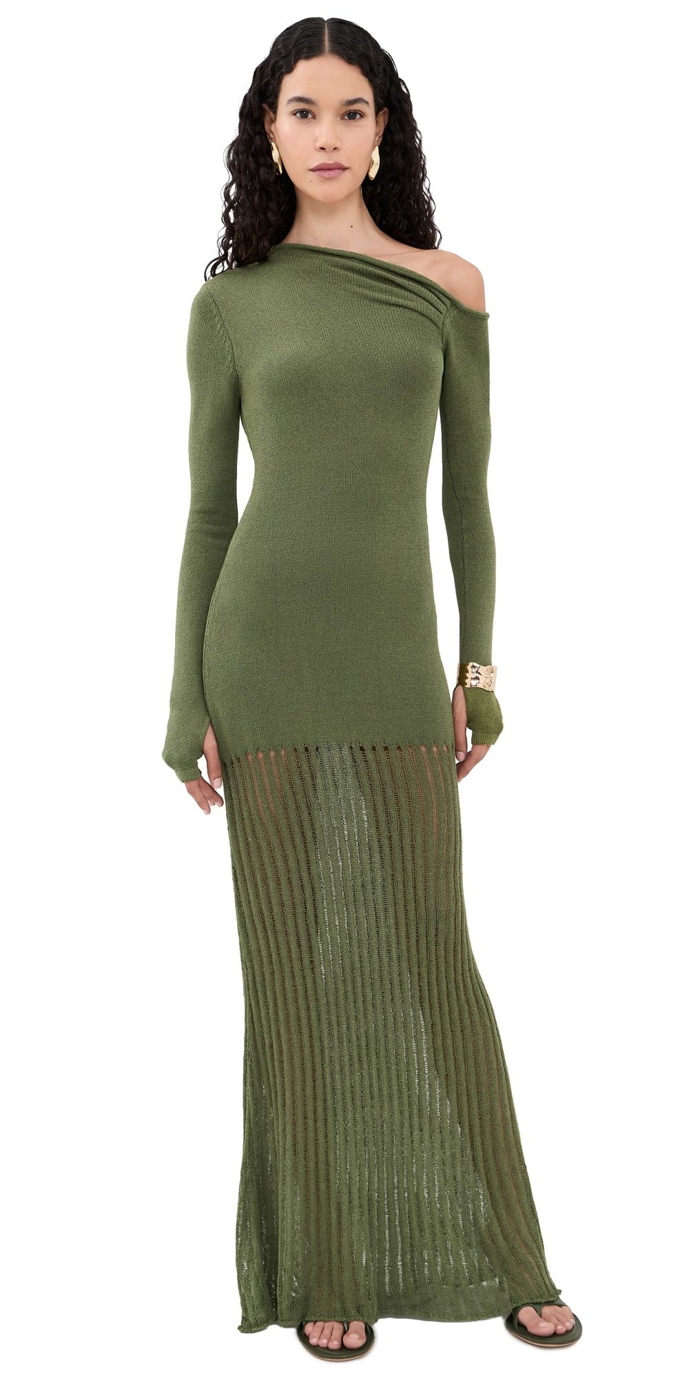 Seven Wonders Greta One Shoulder Knit Maxi Dress Khaki L