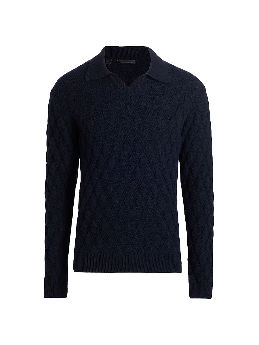 Men's Diamond Intarsia-Knit Wool-Blend Polo Sweater - Navy - Size XXL