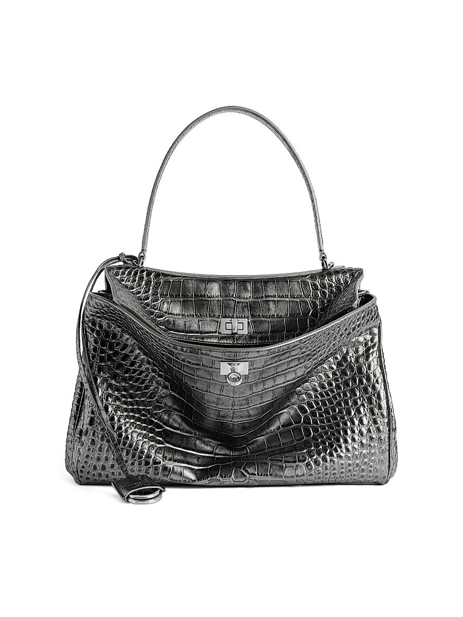 Women's Rodeo Medium Metallized Crocodile Embossed Shoulder Bag - Gun Metal
