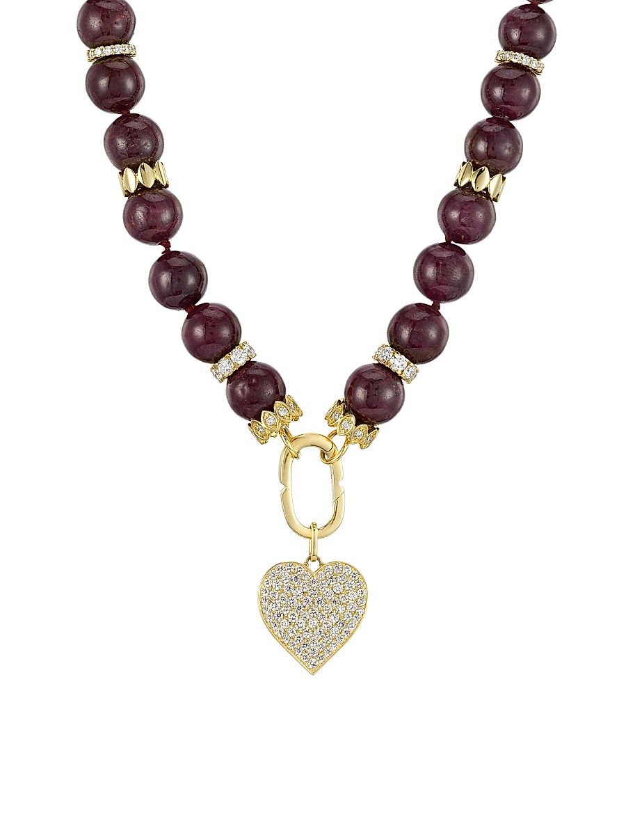 Women's 14K Yellow Gold, Ruby & 3.27 TCW Diamond Beaded Heart Pendant Necklace - Ruby