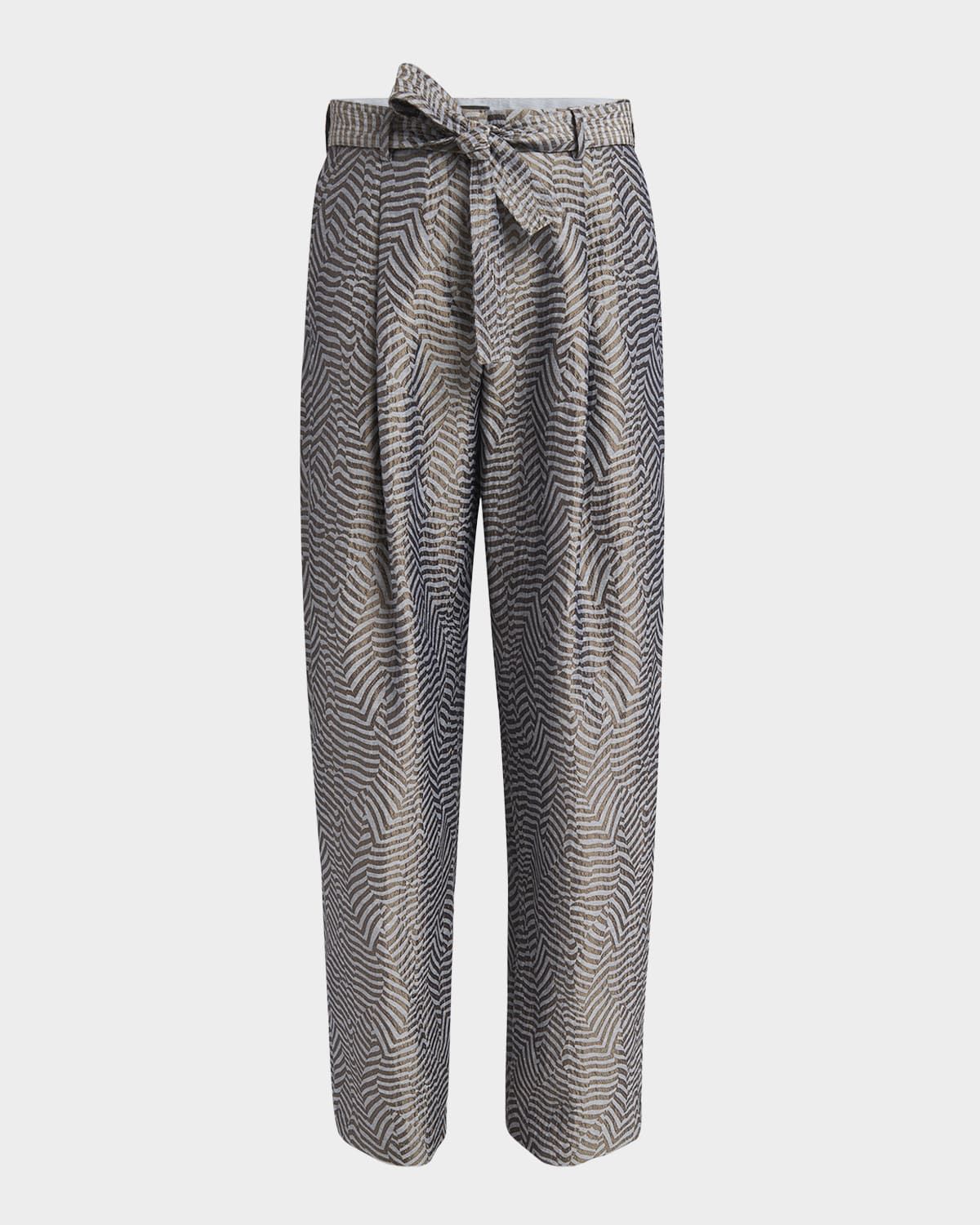 Animalier Silk Jacquard Straight-Leg Paperbag Trousers