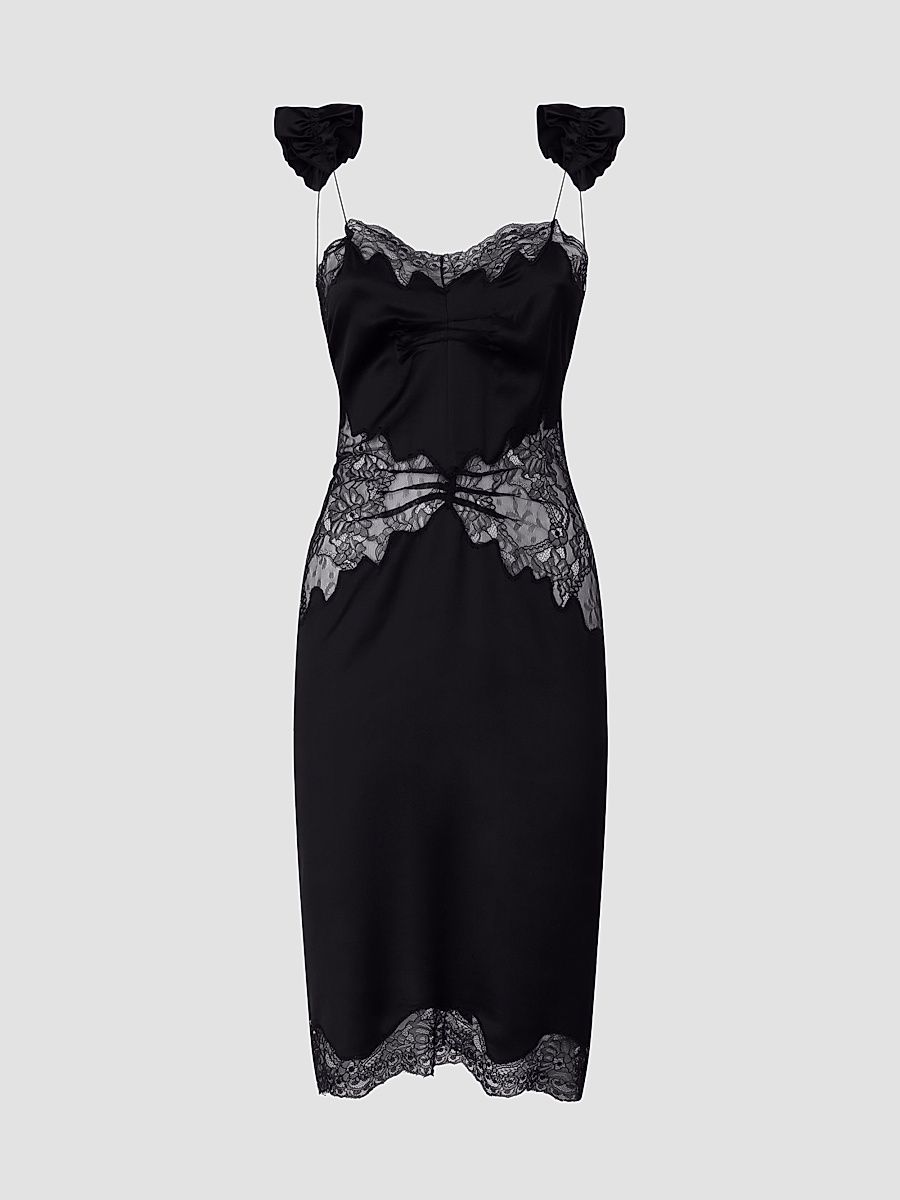 Women's Satin & Lace Midi Dress - Black - Size 10