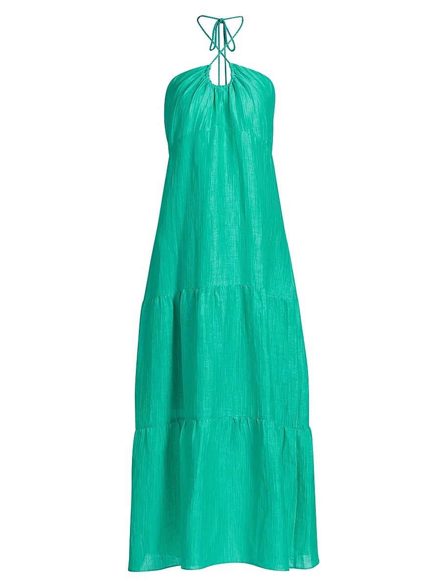 Women's Zenna Linen-Silk Halterneck Maxi Dress - Billiard - Size 14