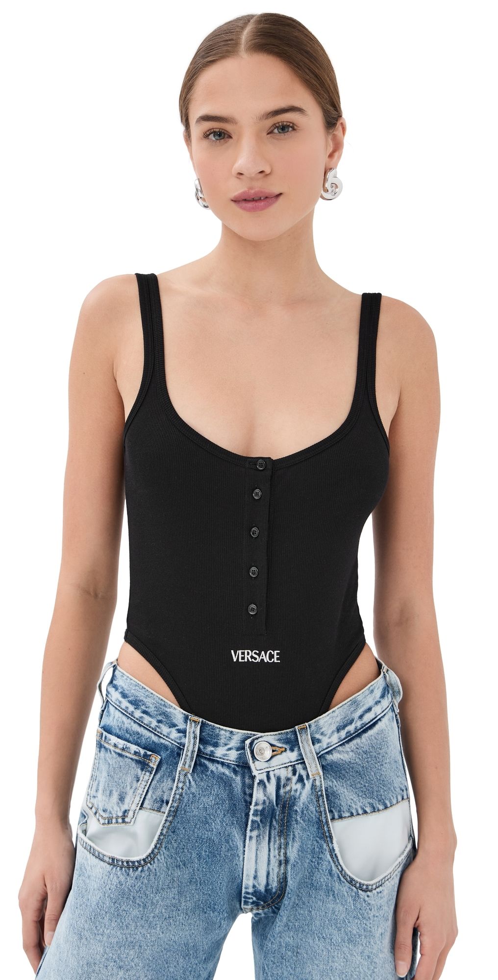 Versace Bio Cotton Rib Thong Bodysuit Black 1